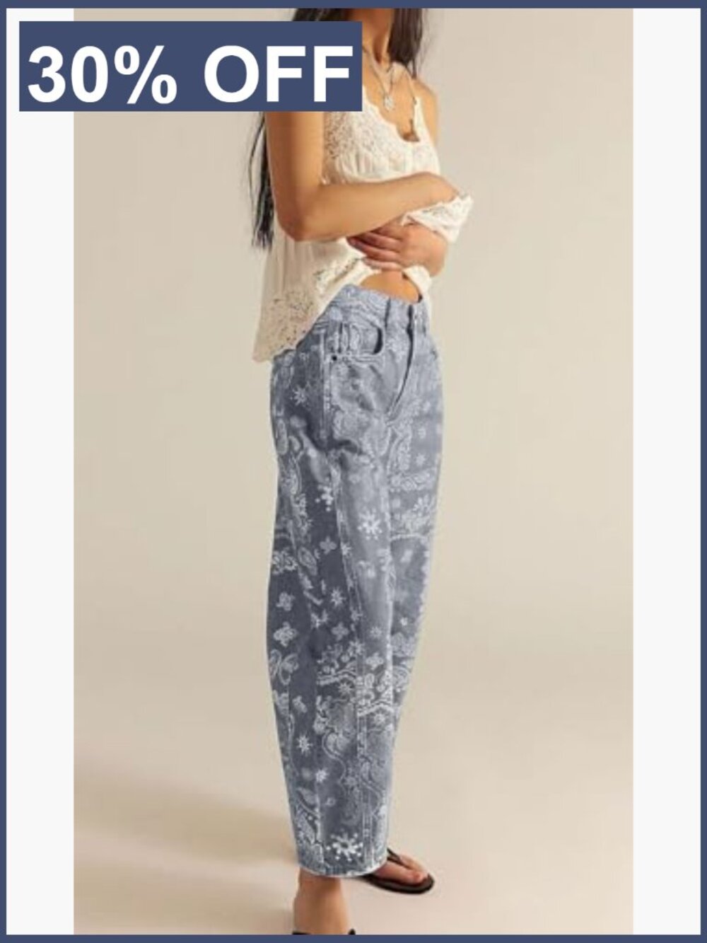 Womens 90s Baggy Barrel Jeans Wide Leg Floral Print Mid Rise Ankle Denim - Picture 5 of 6